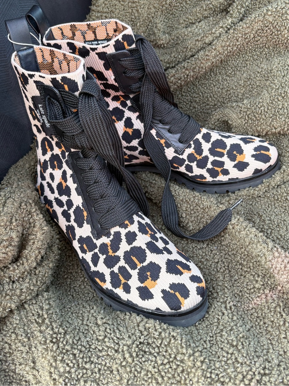 kate spade Leopard-Print Lace-Up Combat Boots in Black, Cream & Tan